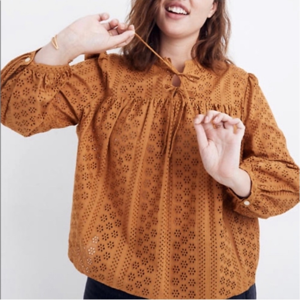Madewell Eyelot Top Shirt Blouse Sz S Tie Front Boho Chic Cotton Womens